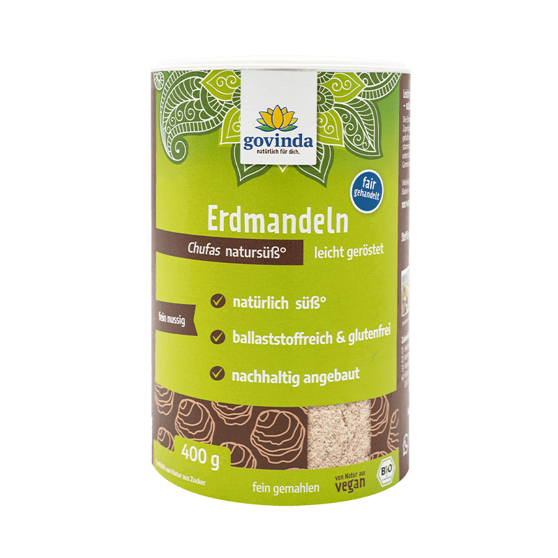 Bio-Erdmandeln, gemahlen und geröstet in Papierdose mit wiederverschließbarem Plastikdeckel
