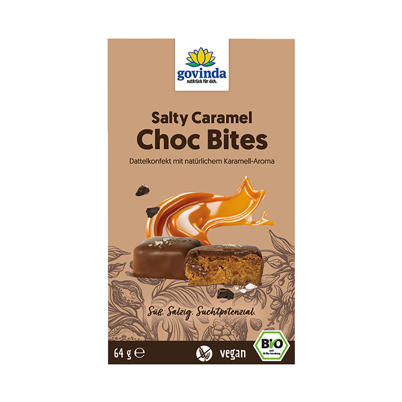 Bio Salty Caramel Choc Bites in wiederverschließbarem Karton mit innerer Kunststofftüte