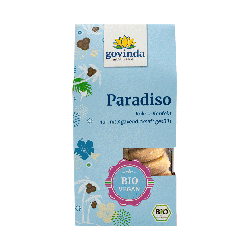 Bio Paradiso Kokos-Fruchtkonfekt in wiederverschließbarer Giebelfaltschachtel mit innerer Kunststofftüte