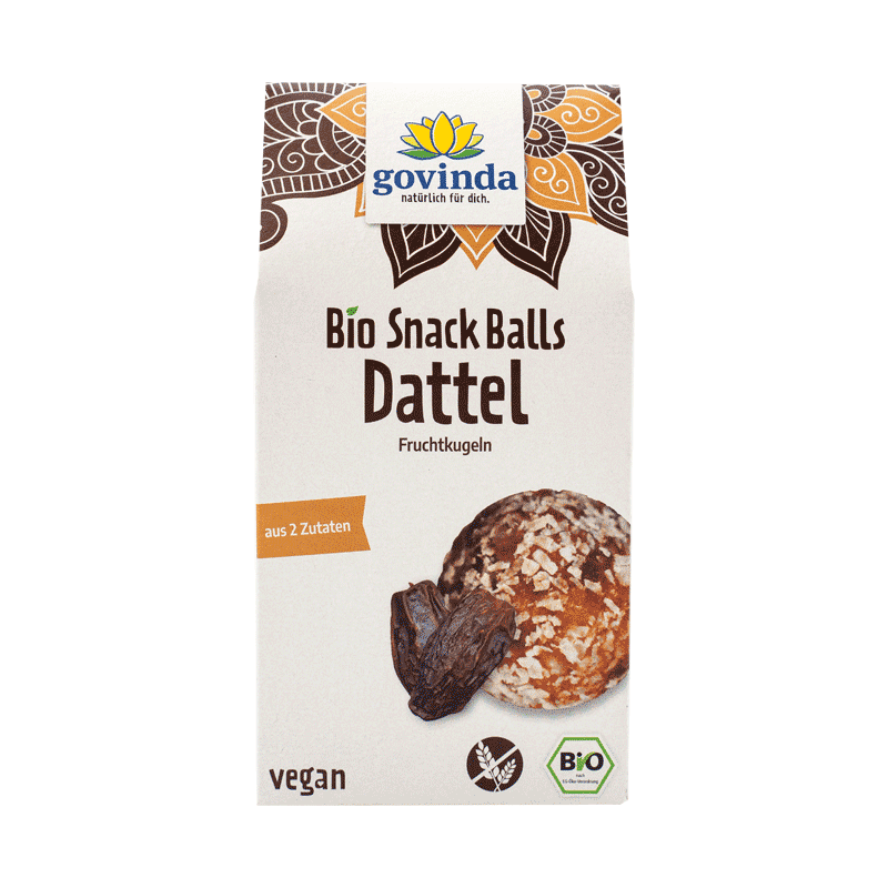 Bio Snack Balls Dattel in wiederverschließbarer Giebelfaltschachtel mit innerer Kunststofftüte