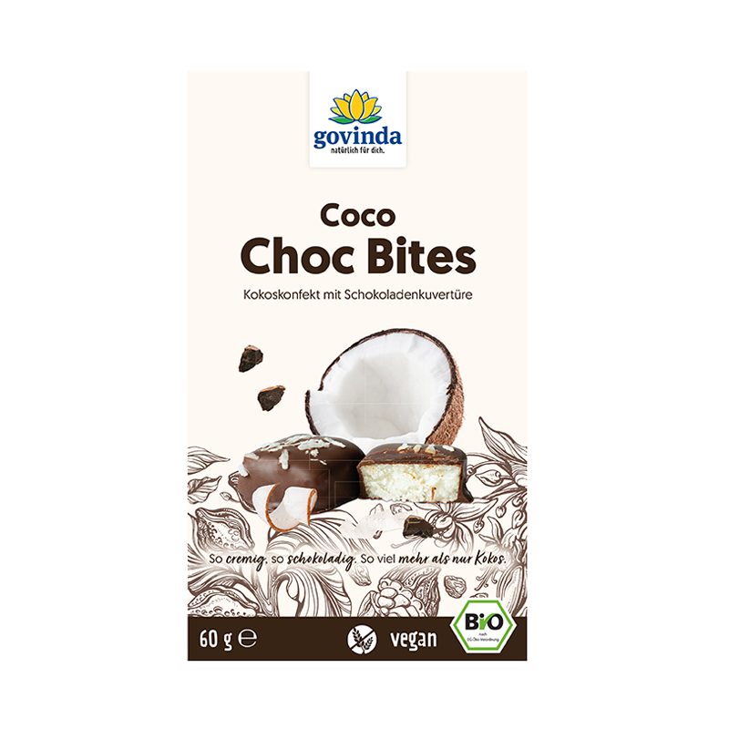 Bio-Coco Choc Bites in wiederverschließbarem Karton mit innerer Kunststofftüte