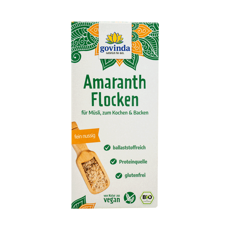 Bio-Amaranthflocken in wiederverschließbarem Karton mit innerer Kunststofftüte.