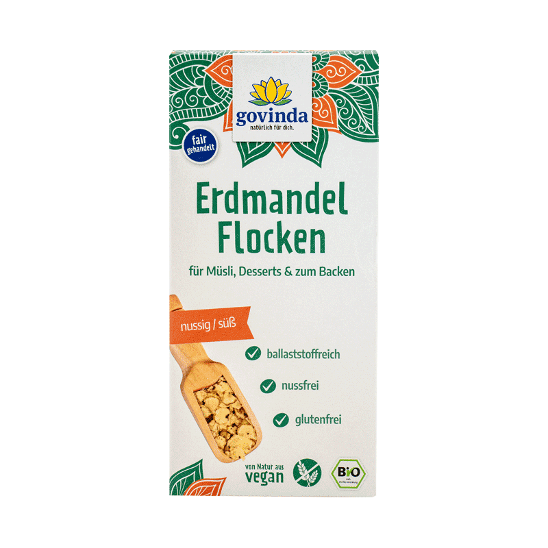 Bio-Erdmandelflocken in wiederverschließbarem Karton mit innerer Kunststofftüte