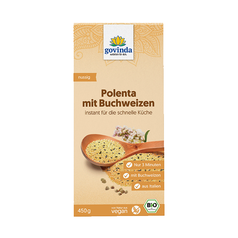 Bio-Polenta mit Buchweizen in wiederverschließbarem Karton mit innerer Kunststofftüte.