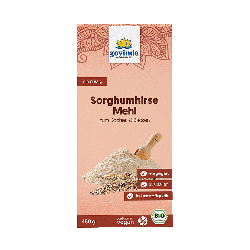Bio Sorghummehl in wiederverschließbarem Karton mit innerer Kunststofftüte.