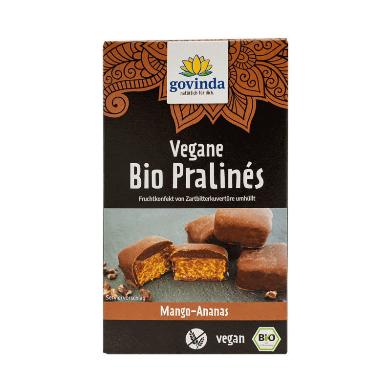 Bio vegane Pralinés Mango-Ananas in wiederverschließbarem Karton mit innerer Kunststofftüte