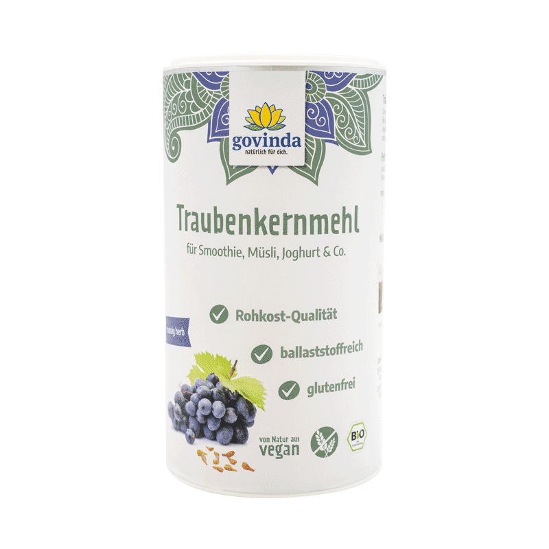 Bio Traubenkernmehl in Papierdose mit wiederverschließbarem Plastikdeckel