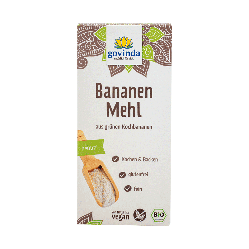 Bio-Bananenmehl in wiederverschließbarem Karton mit innerer Kunststofftüte.