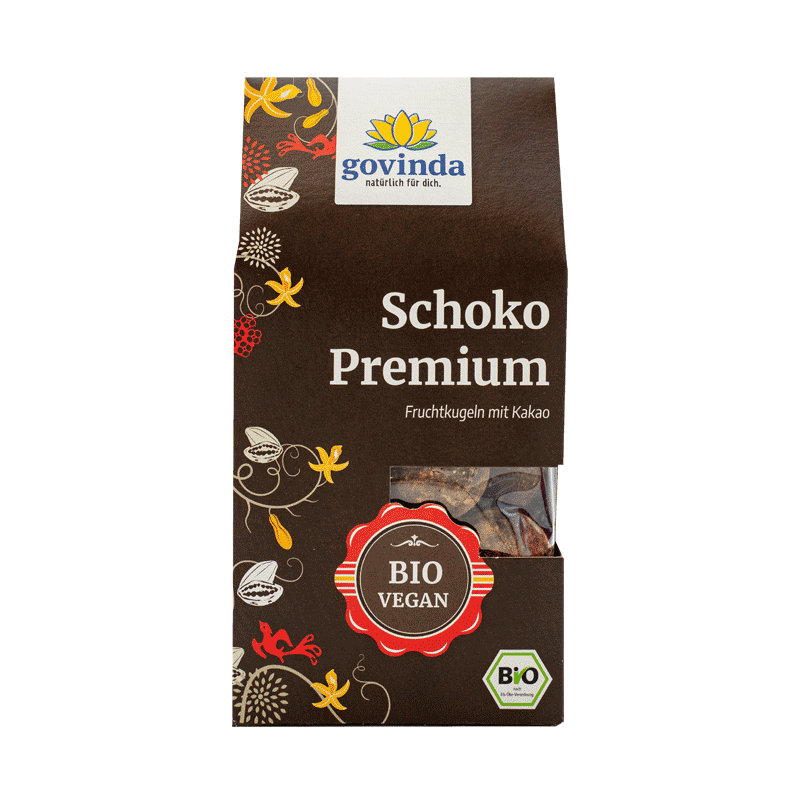 Bio Schoko Premium Fruchtkugeln in wiederverschließbarer Giebelfaltschachtel mit innerer Kunststofftüte