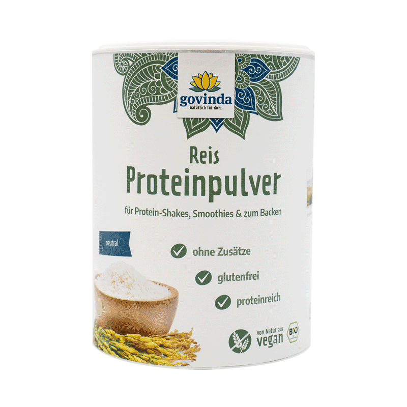 Bio-Reis-Proteinpulver in Papierdose mit wiederverschließbarem Plastikdeckel