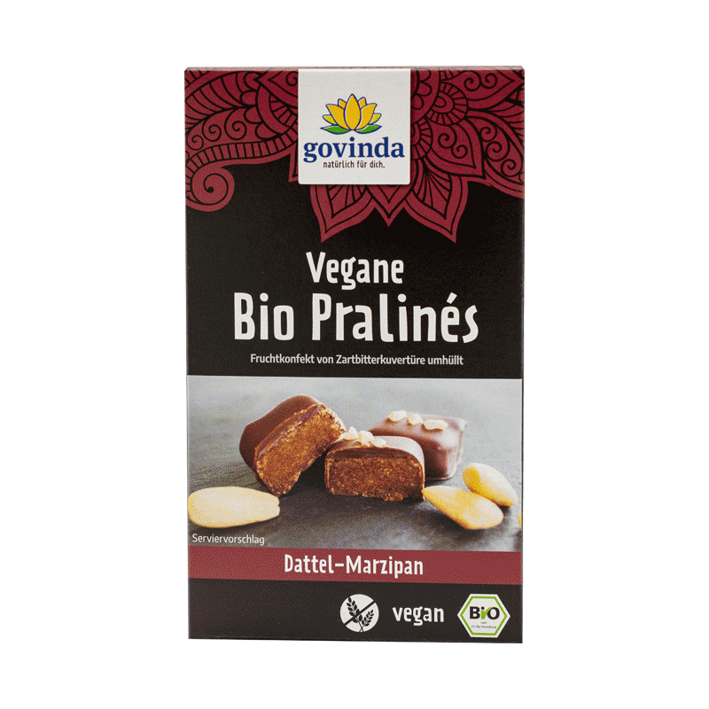 Bio vegane Pralinés Dattel-Marzipan in wiederverschließbarem Karton mit innerer Kunststofftüte