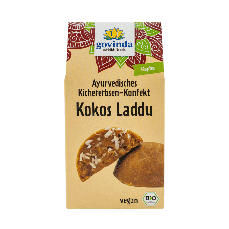 Bio Laddu Kokos in wiederverschließbarer Giebelfaltschachtel mit innerer Kunststofftüte