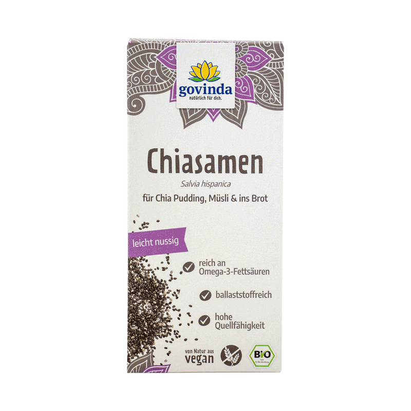 Bio-Chiasamen in wiederverschließbarem Karton mit innerer Kunststofftüte