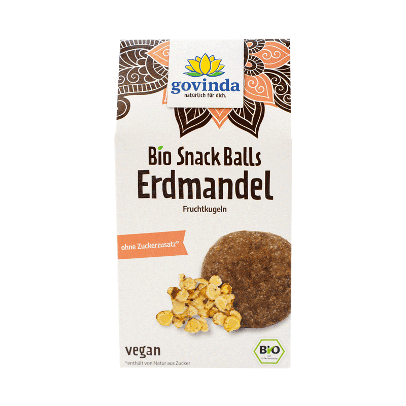Bio Snack Balls Erdmandel in wiederverschließbarer Giebelfaltschachtel mit innerer Kunststofftüte