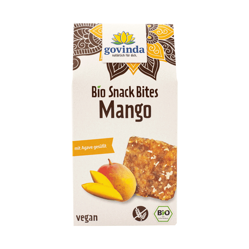 Bio Snack Bites Mango in wiederverschließbarer Giebelfaltschachtel mit innerer Kunststofftüte
