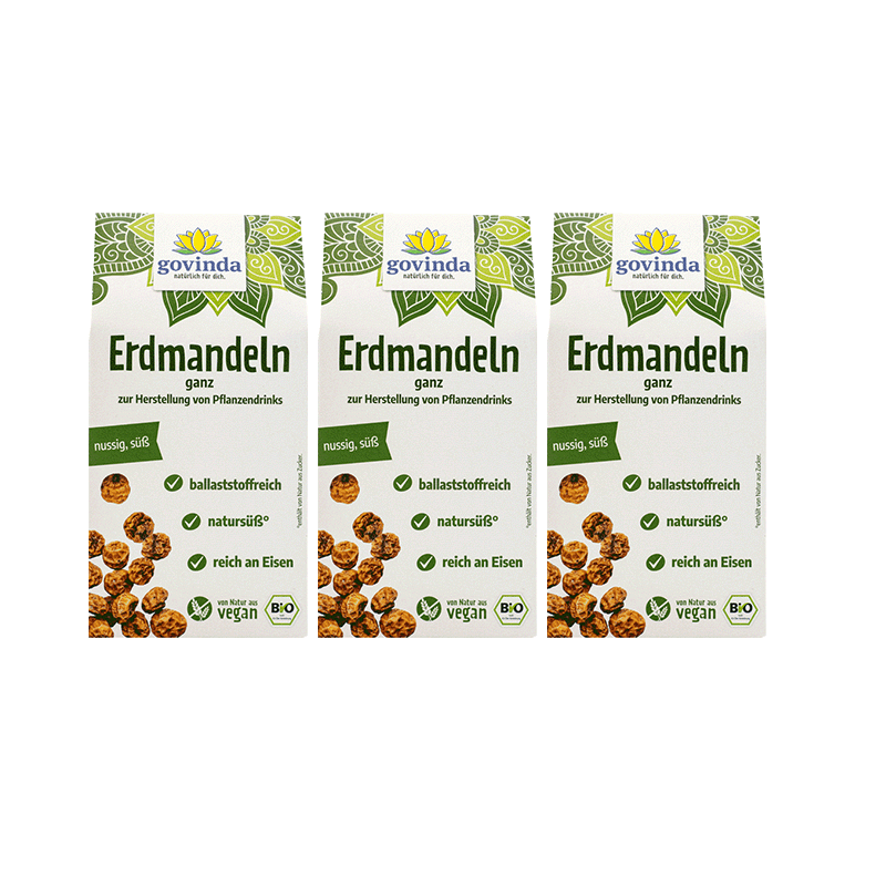 Sparpack mit drei Packungen Erdmandeln, ganz und geröstet, erhältlich mit 10 Prozent Rabatt