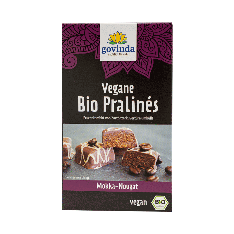 Bio vegane Pralinés Mokka-Nougat in wiederverschließbarem Karton mit innerer Kunststofftüte