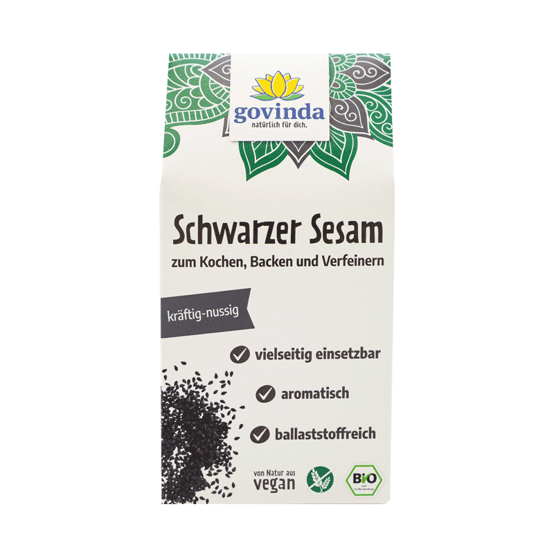 Bio schwarzer Sesam in wiederverschließbarer Giebelfaltschachtel mit innerer Kunststofftüte
