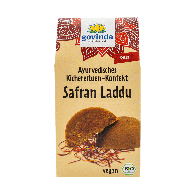 Bio Laddu Safran in wiederverschließbarer Giebelfaltschachtel mit innerer Kunststofftüte