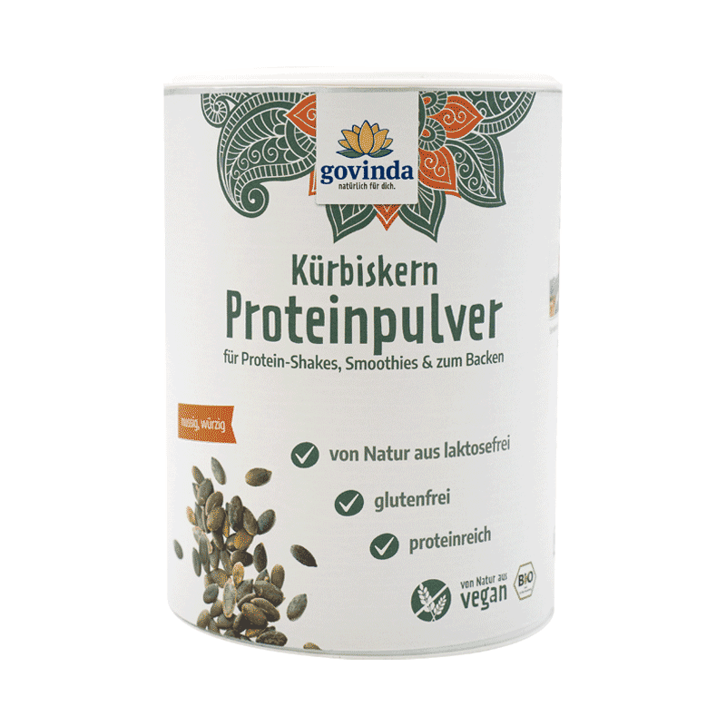 Bio-Kürbiskern-Proteinpulver in Papierdose mit wiederverschließbarem Plastikdeckel