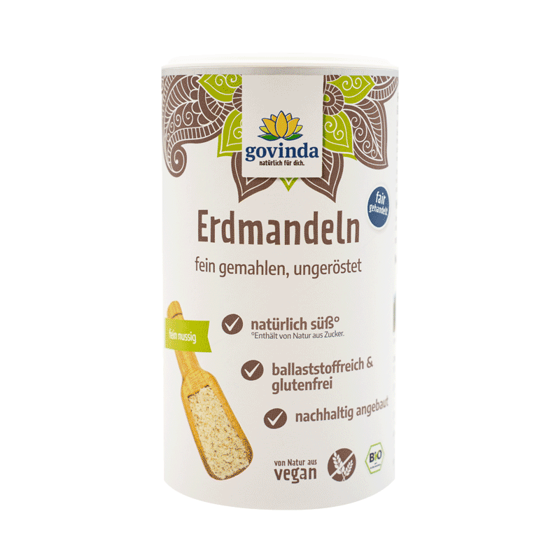 Bio-Erdmandeln, gemahlen und ungeröstet in Papierdose mit wiederverschließbarem Plastikdeckel