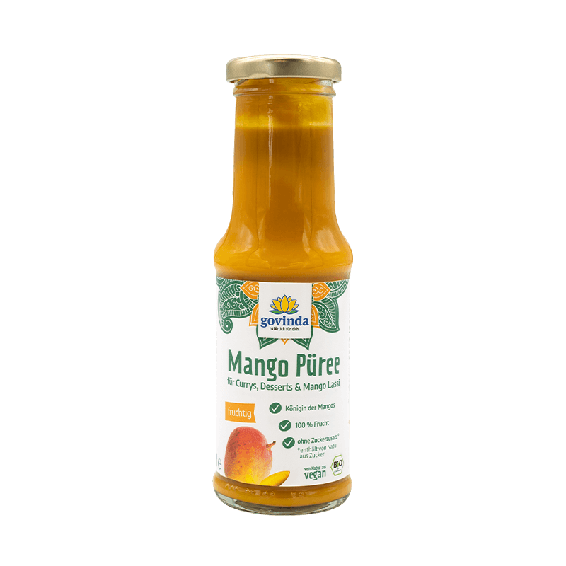 Fruchtig-frische Mango zu Püree verarbeitet. Ohne Zusätze ✓ vegan ✓ 100 % natürlich ✓