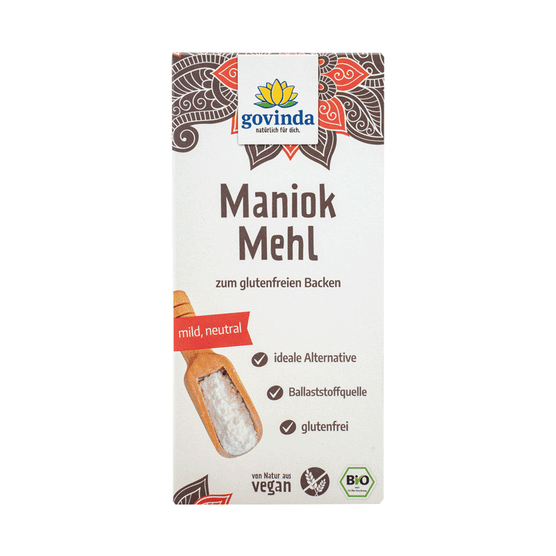 Bio Maniokmehl in wiederverschließbarem Karton mit innerer Kunststofftüte