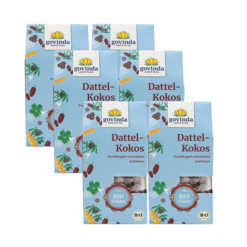 Sparpack mit sechs Packungen Dattel-Kokos Fruchtkugeln, erhältlich mit 10 Prozent Rabatt