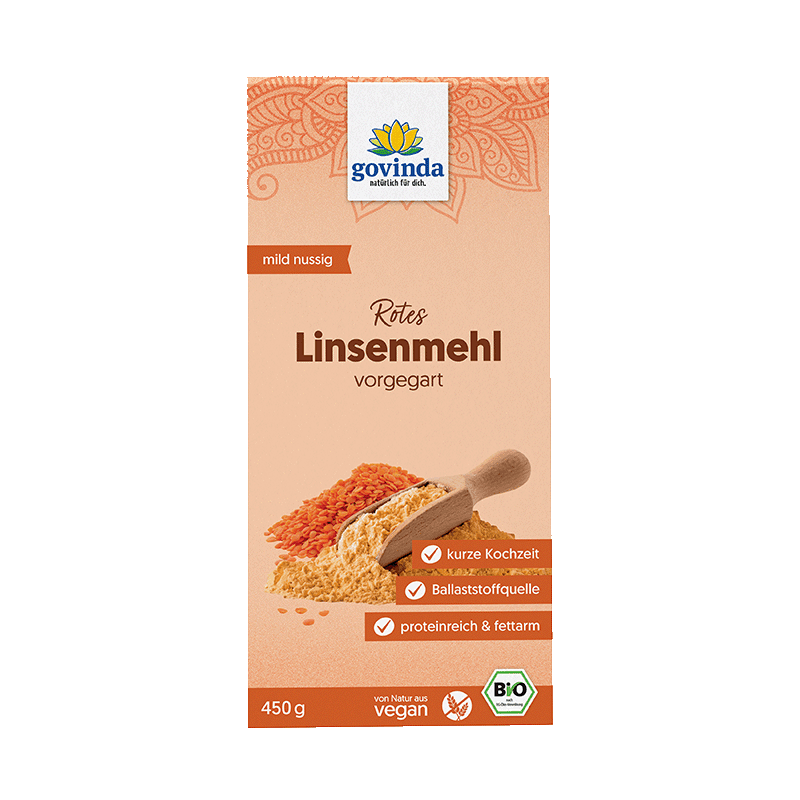Bio Rotes Linsenmehl in wiederverschließbarem Karton mit innerer Kunststofftüte.