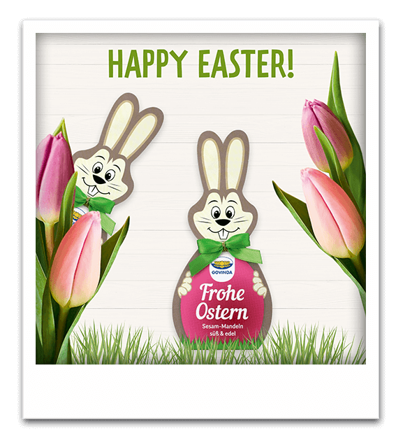 Happy Easter | Frohe Ostern | Hoppi der Osterhase: Gebrannte Mandeln mit Sesam | Oster-Geschenkbox | Govinda Natur